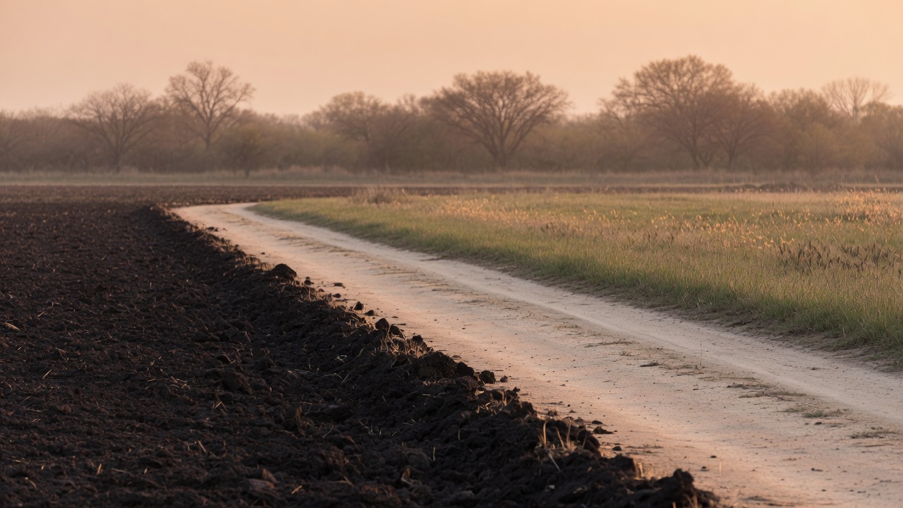 A dirt track between turned soil and dry grass at low sun