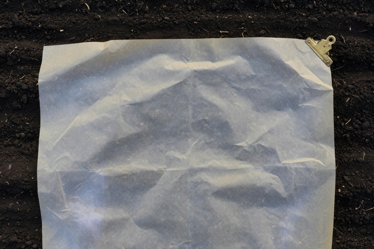 Tracing paper clipped over dark soil, the ground visible through it